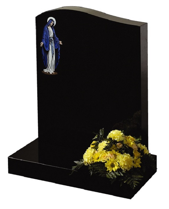 Memorial headstone and base in black granite with coloured design as seen in brochure