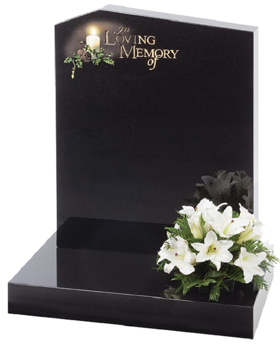 Memorial headstone and base in black granite with coloured design as seen in brochure